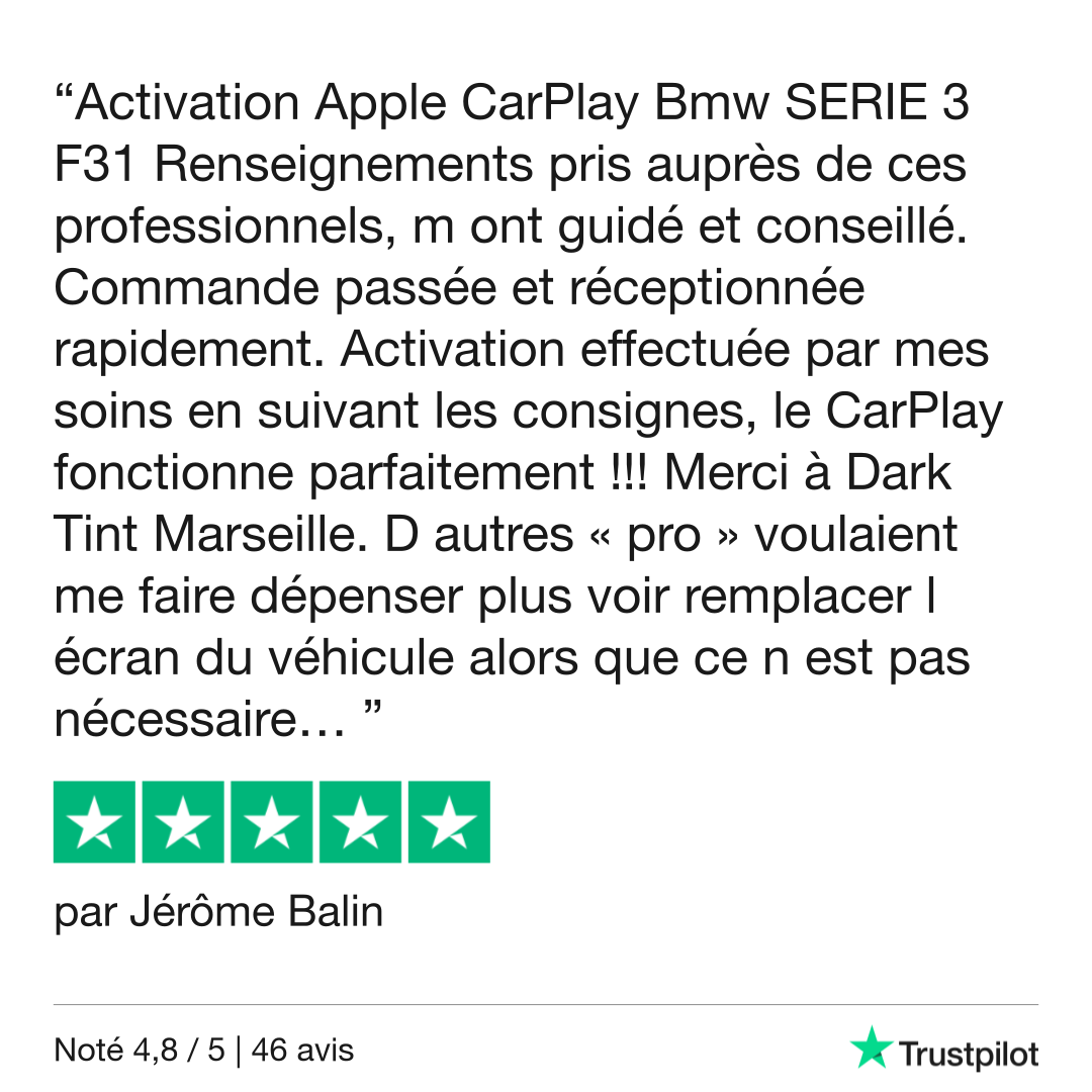 Trustpilot – installation CarPlay réussie sur BMW Série 3, client satisfait